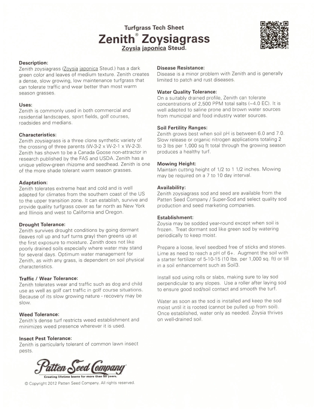 Zenith Zoysiagrass Product Details